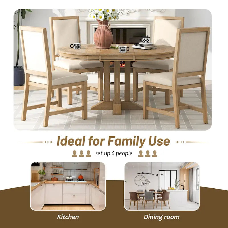 Rustic Farmhouse Dining Table and Chair Sets Extendable Round Table and Chair Sets with Adjustable Table Top for Dining Room