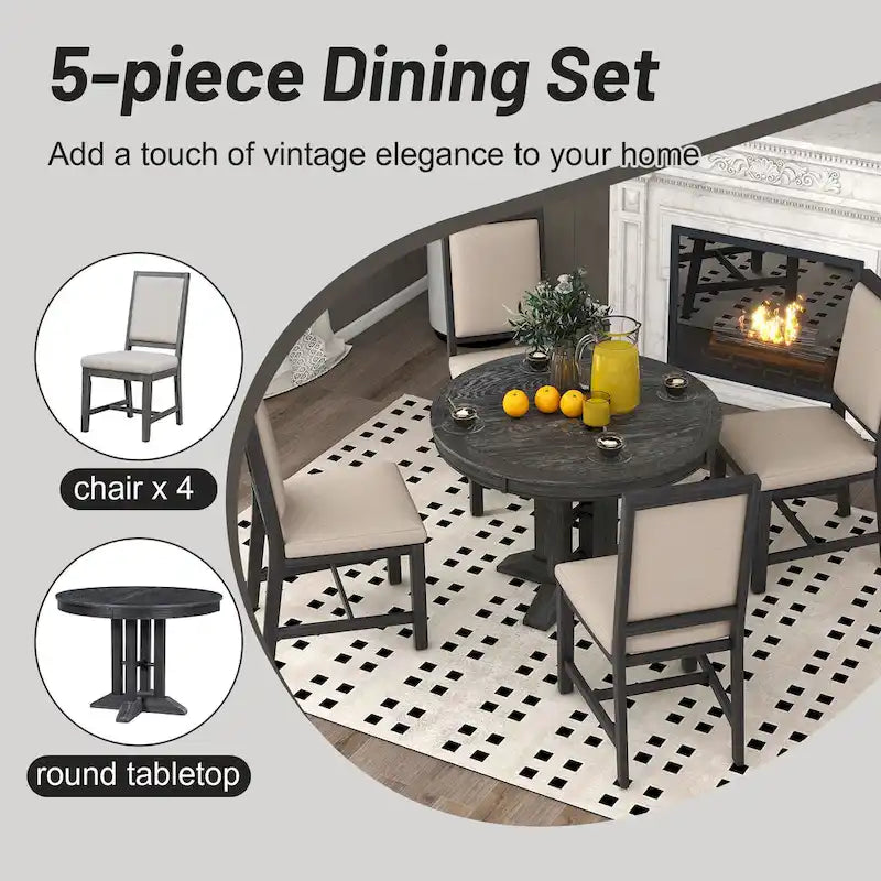 Rustic Farmhouse Dining Table and Chair Sets Extendable Round Table and Chair Sets with Adjustable Table Top for Dining Room