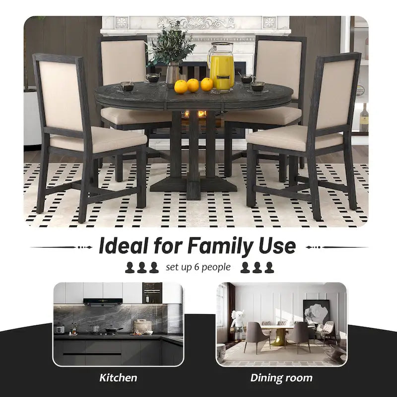Rustic Farmhouse Dining Table and Chair Sets Extendable Round Table and Chair Sets with Adjustable Table Top for Dining Room