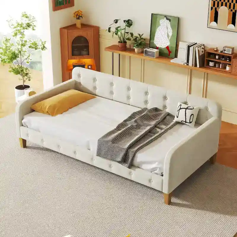 Upholstered Daybed w4 Support Legs, Button Tufting Loveseat Sofa Bed