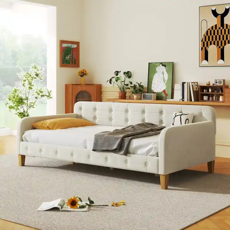 Upholstered Daybed w4 Support Legs, Button Tufting Loveseat Sofa Bed