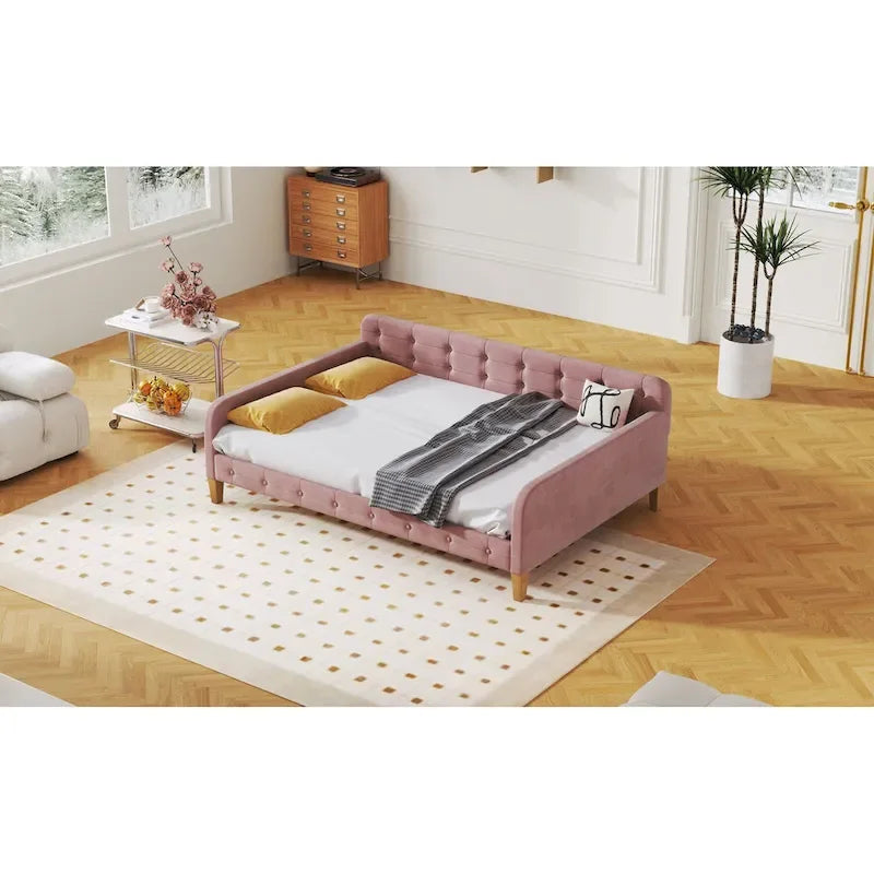 Upholstered Daybed w4 Support Legs, Button Tufting Loveseat Sofa Bed