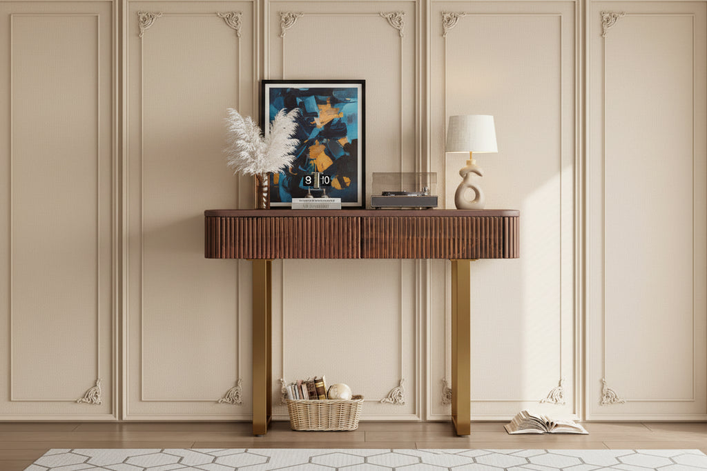 Modern Solid Wood Entryway Console Table with Fluted Design & Storage