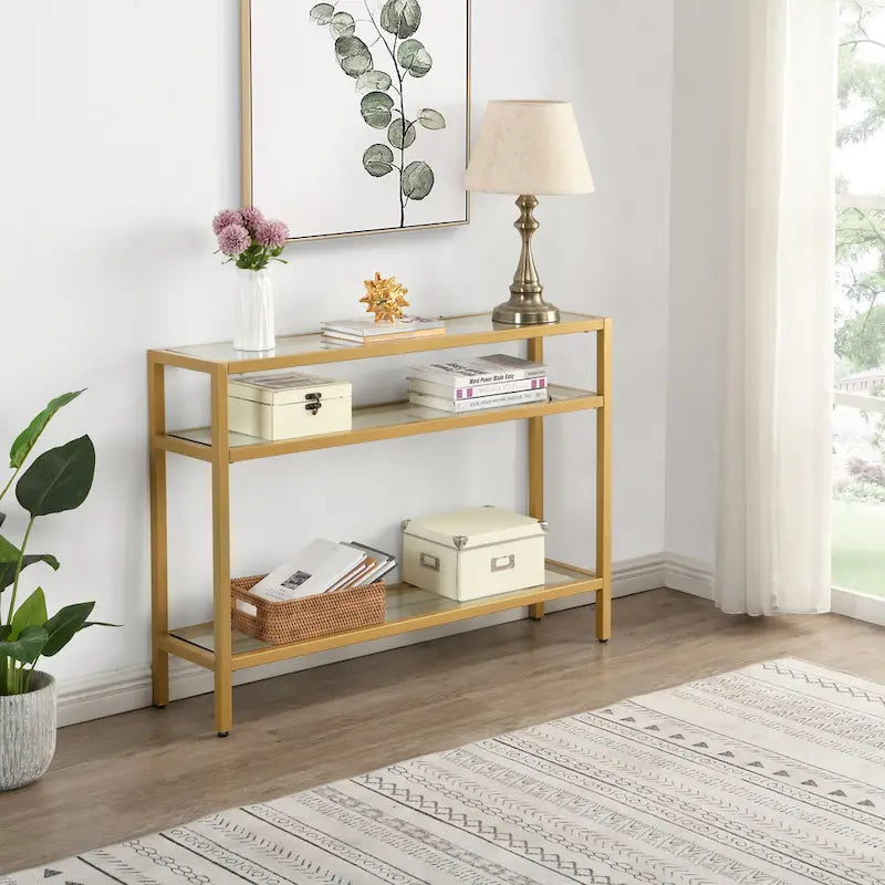  Chrysalis 3 Tier Glass Top Console Table - Gold