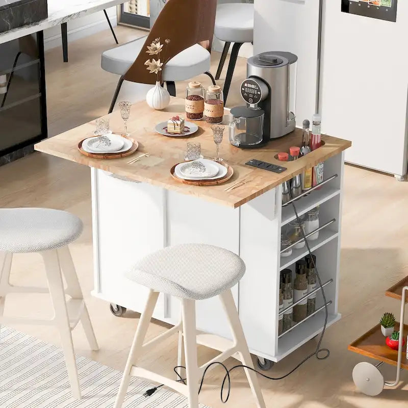 Kitchen Storage Island with Drop Leaf and Power Outlet For Dining Room