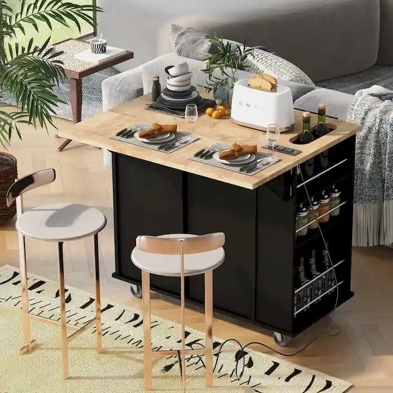 Kitchen Storage Island with Drop Leaf and Power Outlet For Dining Room