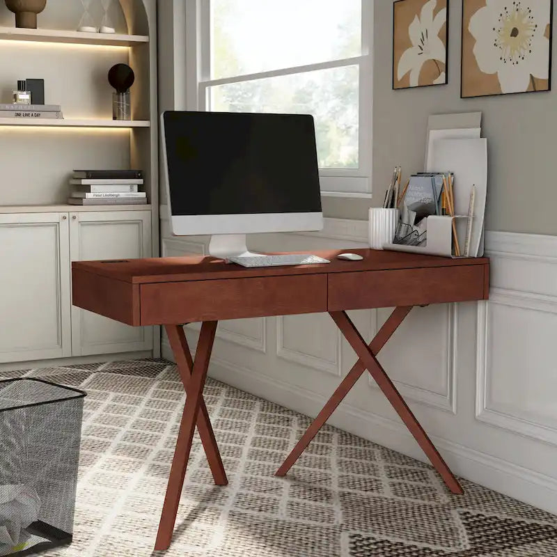 Foli Transitional 47-inch Wood 2-Drawer Desk with USBs and Power Outlets by