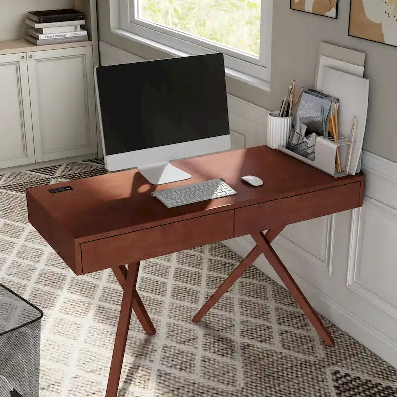 Foli Transitional 47-inch Wood 2-Drawer Desk with USBs and Power Outlets by