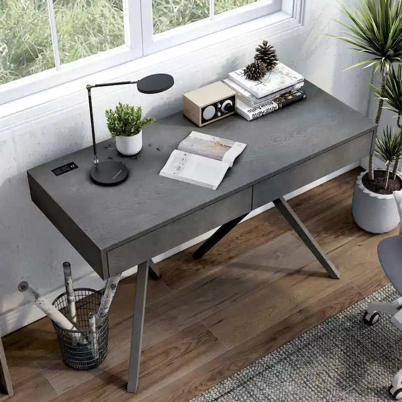 Foli Transitional 47-inch Wood 2-Drawer Desk with USBs and Power Outlets by