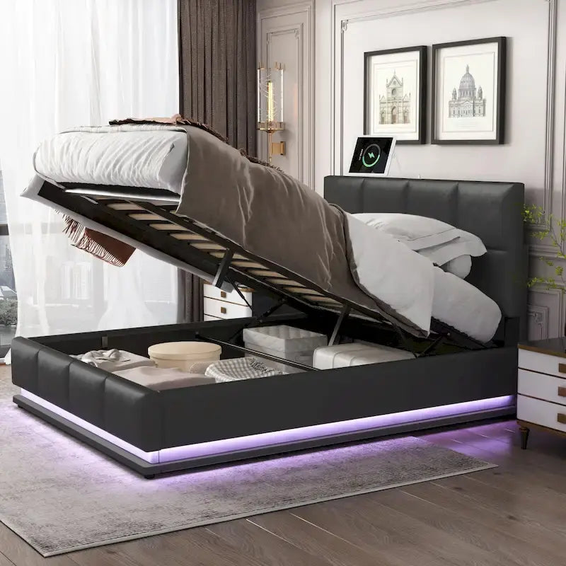 Tufted Upholstered Platform Bed with Hydraulic Storage System,Queen Size PU Storage Bed with LED Lights and USB charger