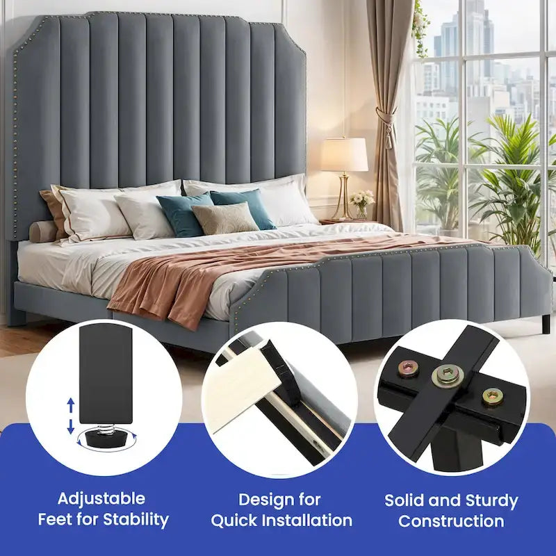 Grey Upholstered Bed Frame Velvet Platform Bedframe Mattress Foundation
