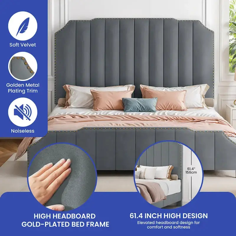 Grey Upholstered Bed Frame Velvet Platform Bedframe Mattress Foundation