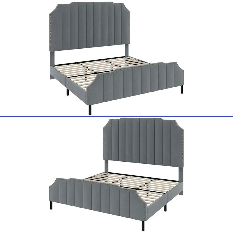 Grey Upholstered Bed Frame Velvet Platform Bedframe Mattress Foundation