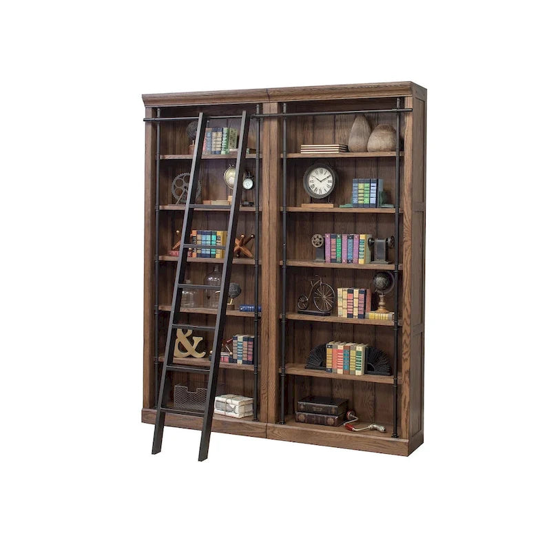 Avondale 8' Tall Bookcase Wall With Ladder, Storage Organizer, Display Shelf for Office, Brown - 80W x 94H x 15D