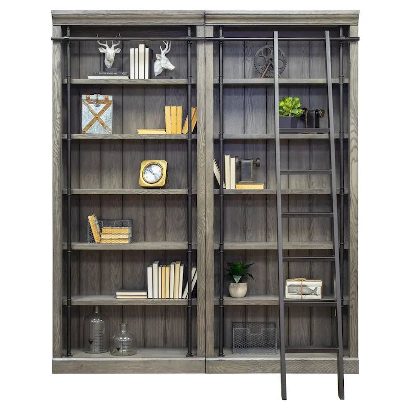 Avondale 8' Tall Bookcase Wall With Ladder, Storage Organizer, Display Shelf for Office, Brown - 80W x 94H x 15D