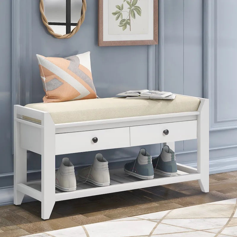 Shoe Rack with Cushioned Seat and Drawers, Multipurpose Entryway Storage Bench