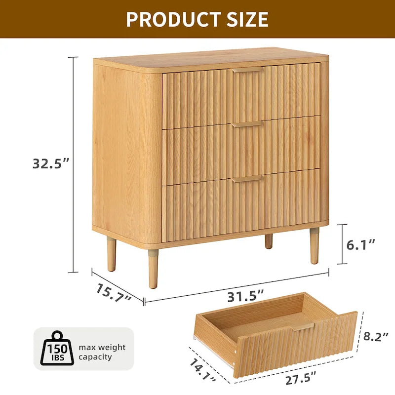 3 Drawer Dresser Storage Dresser Chest of Drawers with Waveform Panel Wood